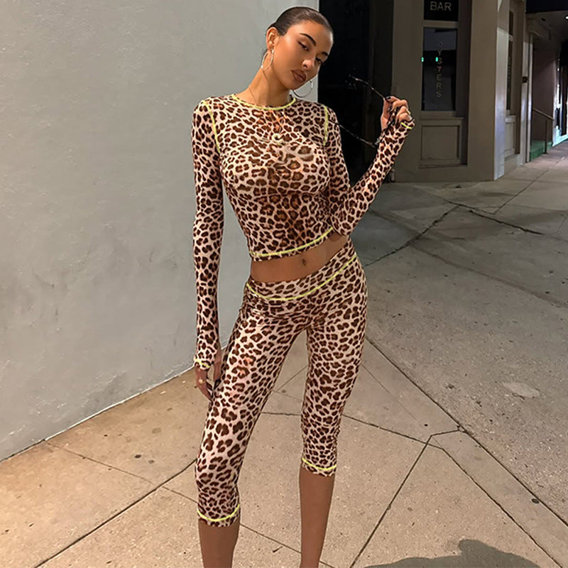 Women's French Clothing Autumn Winter Leopard Print Cropped Long Sleeve Top Slim Shorts Set