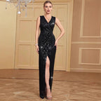 Women's V neck Split Sequined Sheath Slim Cocktail Evening Dress
