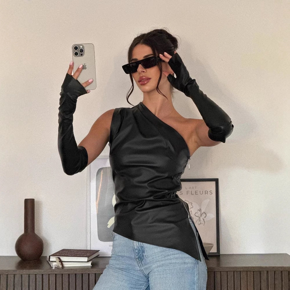 's Leather Jacket Diagonal Collar Off The Shoulder Irregular