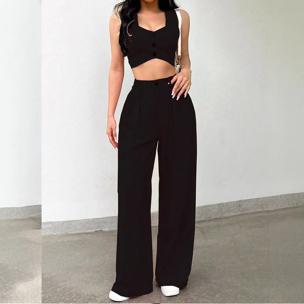Loose High Waist Black Draping Work Pant Business Straight Leg Ladies