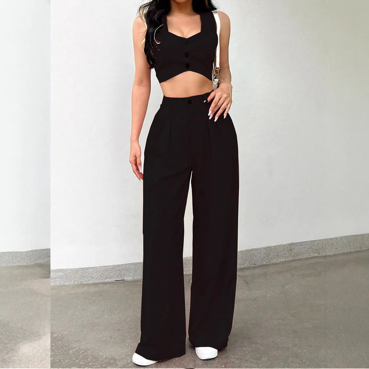 Loose High Waist Black Draping Work Pant Business Straight Leg Ladies