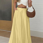Satin Draping Yellow Skirt Spring Summer Simple Pocket High Waist