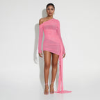 Women's One-Shoulder Mesh Ruched Asymmetric Mini Dress