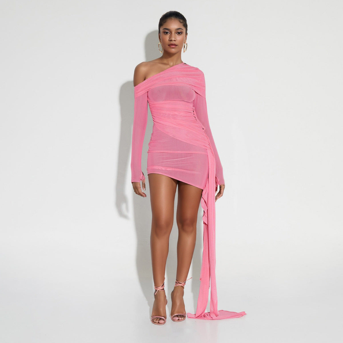 Women's One-Shoulder Mesh Ruched Asymmetric Mini Dress