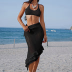 Black crochet halter bikini set with ruffled midi skirt