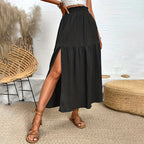 High Slit Ruffled Smocking Waistline Spring Summer Skirt