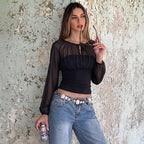 Women's Sheer Mesh Long Sleeve Patchwork Crop Top
