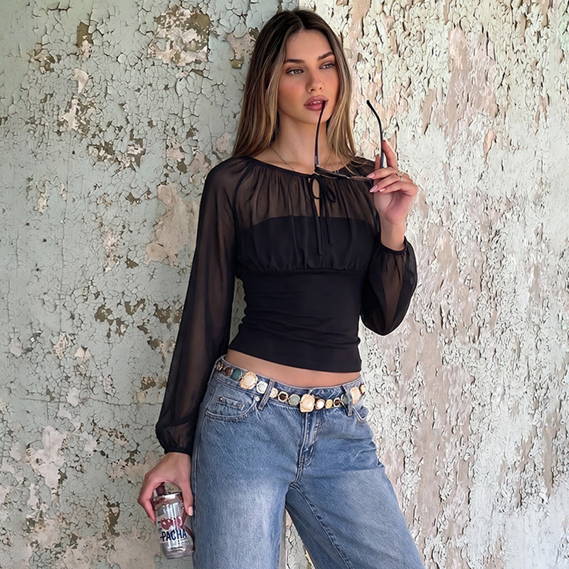 Women's Sheer Mesh Long Sleeve Patchwork Crop Top