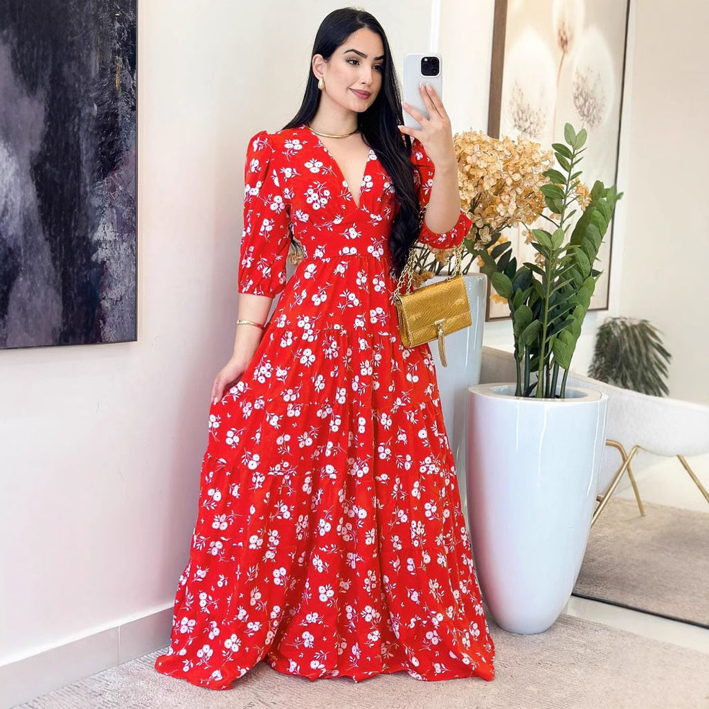 Floral V-Neck Loose Maxi Dress