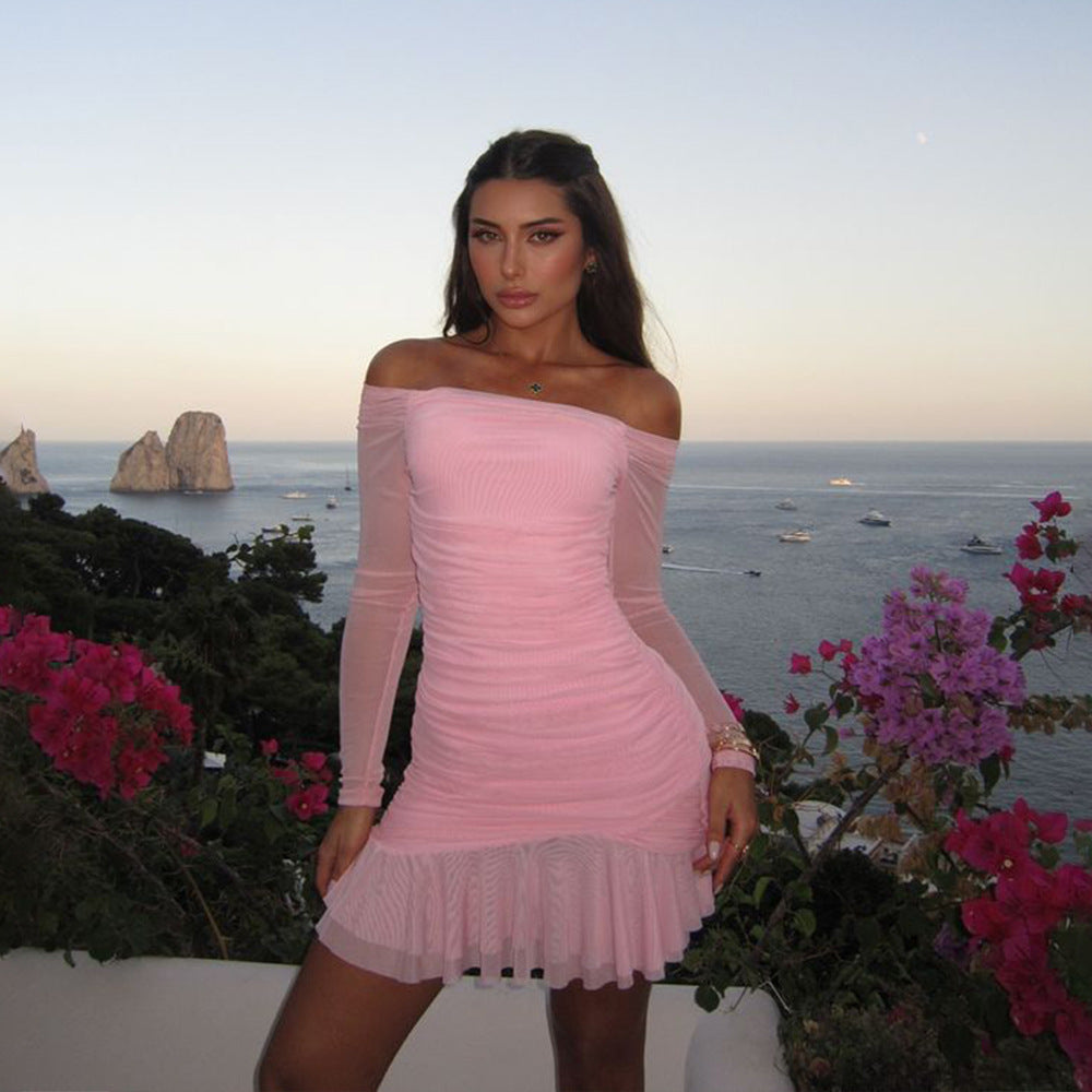 Off-Shoulder Lace Ruched Long-Sleeve Bodycon Mini Dress