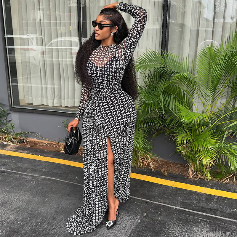 Women's Sheer Printed Turtleneck Dress