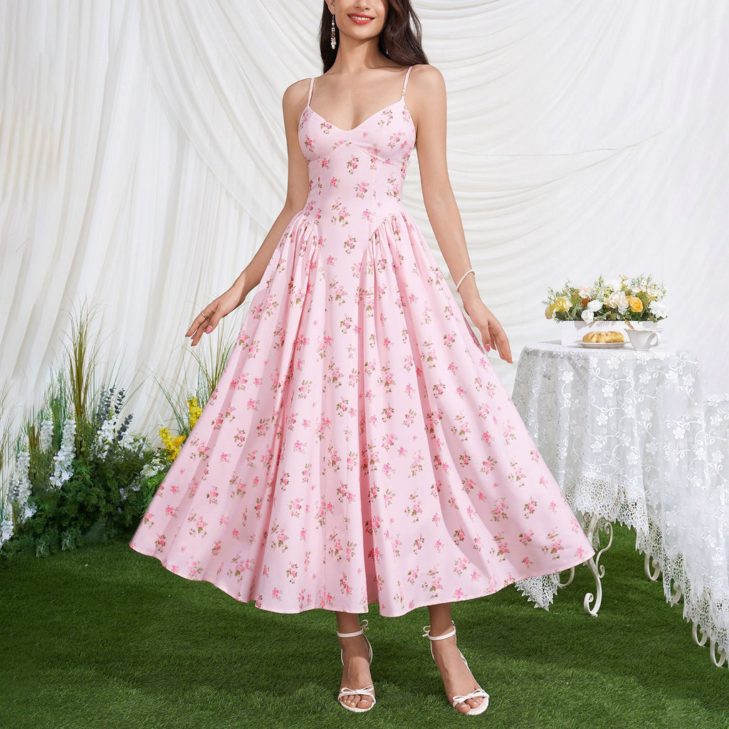 Women's Printed Pleated Backless Midi Dress