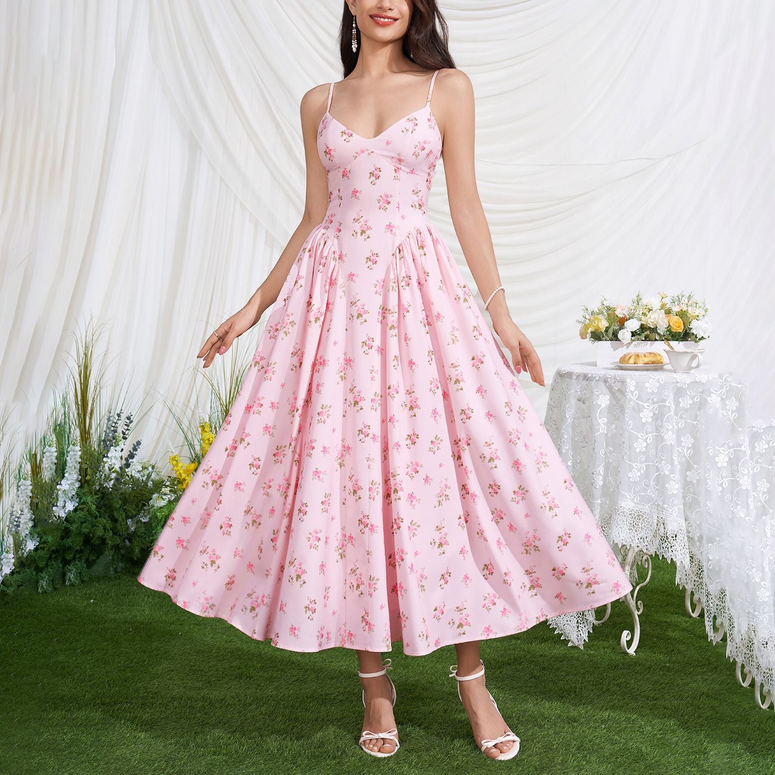 Women's Printed Pleated Backless Midi Dress