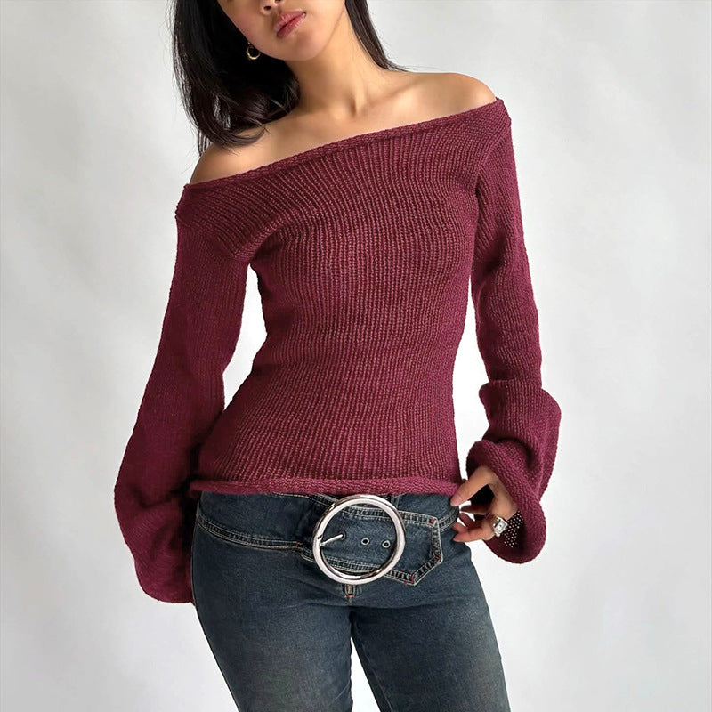 Autumn Long Sleeve Off-Shoulder Solid Color Woolen Top