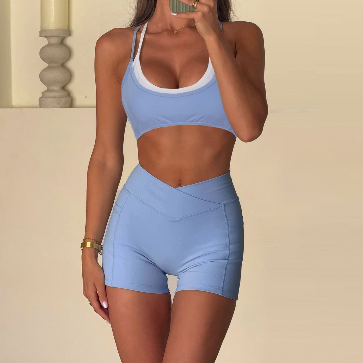 Faux Two Pieces Contrast Color Suspender Shorts Casual Sports Yoga Fitness Two-Piece Set