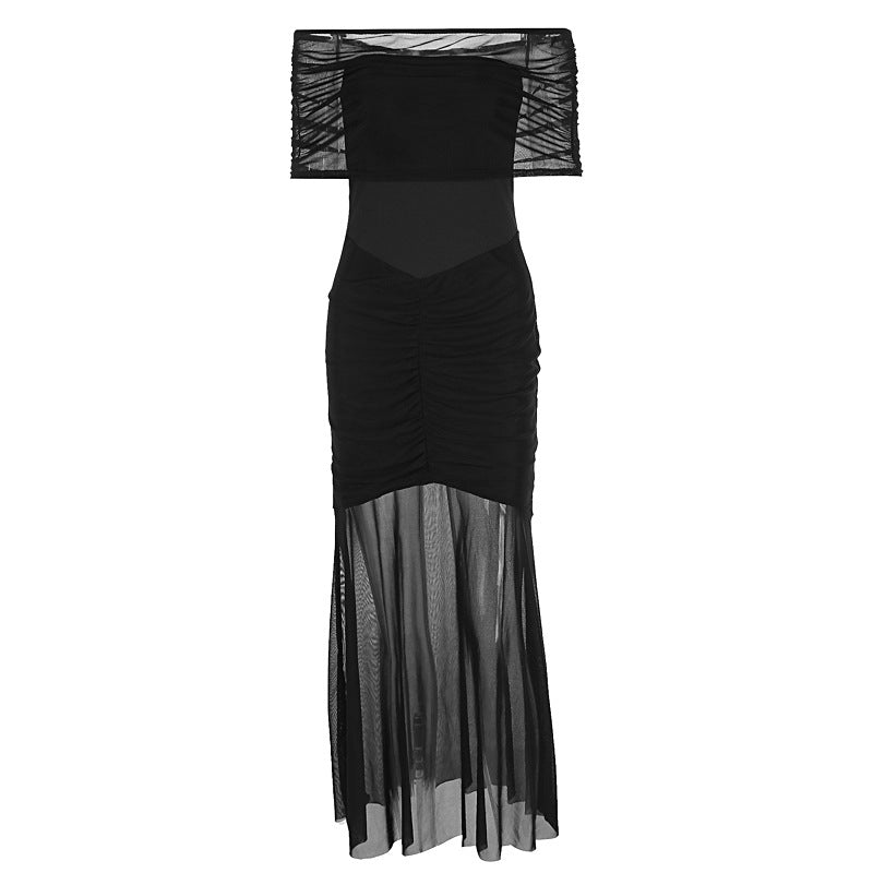Autumn Strapless Pleated Mesh Slim Fit Patchwork Dress Two Piece Set