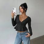 Women's Retro Polka Dot V-Neck Long Sleeve Top