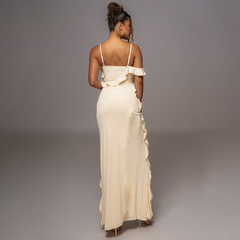 Spaghetti-Strap Asymmetric Ruffle Split Bodycon Maxi Dress
