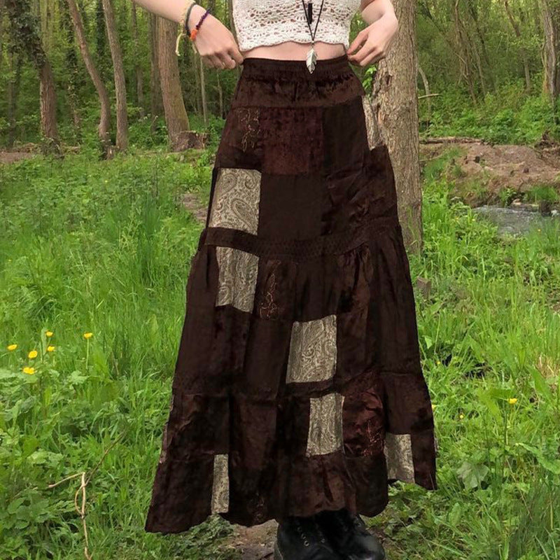 Women's Retro Big Swing Plaid Stitching Loose Velvet Over The Skirt