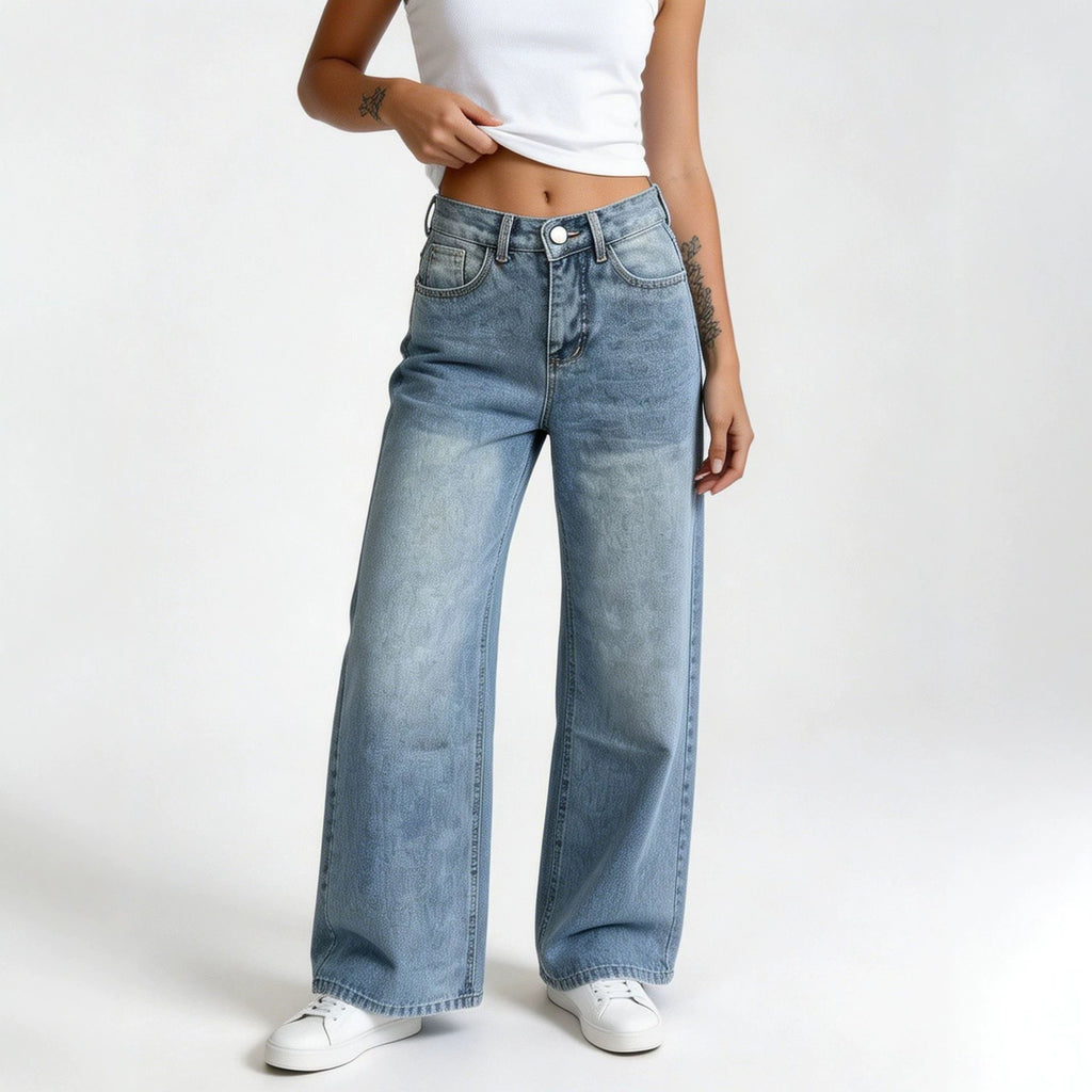 Retro Loose High Waist Wide Leg Straight Women Denim Pants