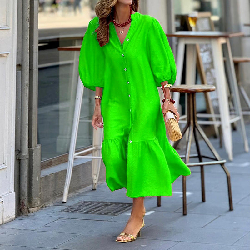 Women's Loose-Fit Puff-Sleeve Midi Dress