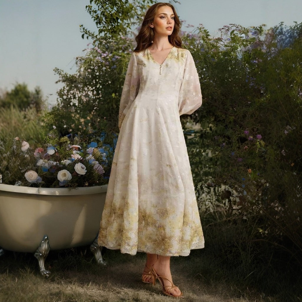 Women's Printed Puff Sleeve V Neck Maxi Dress