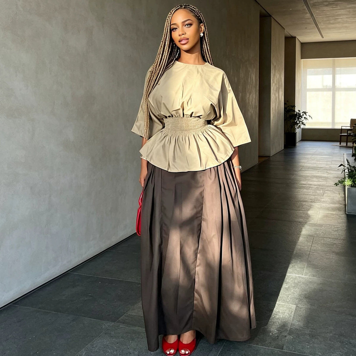 Women's Solid Top & High-Waist Skirt Set