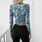 Transparent Blue Printed Mesh Short Top