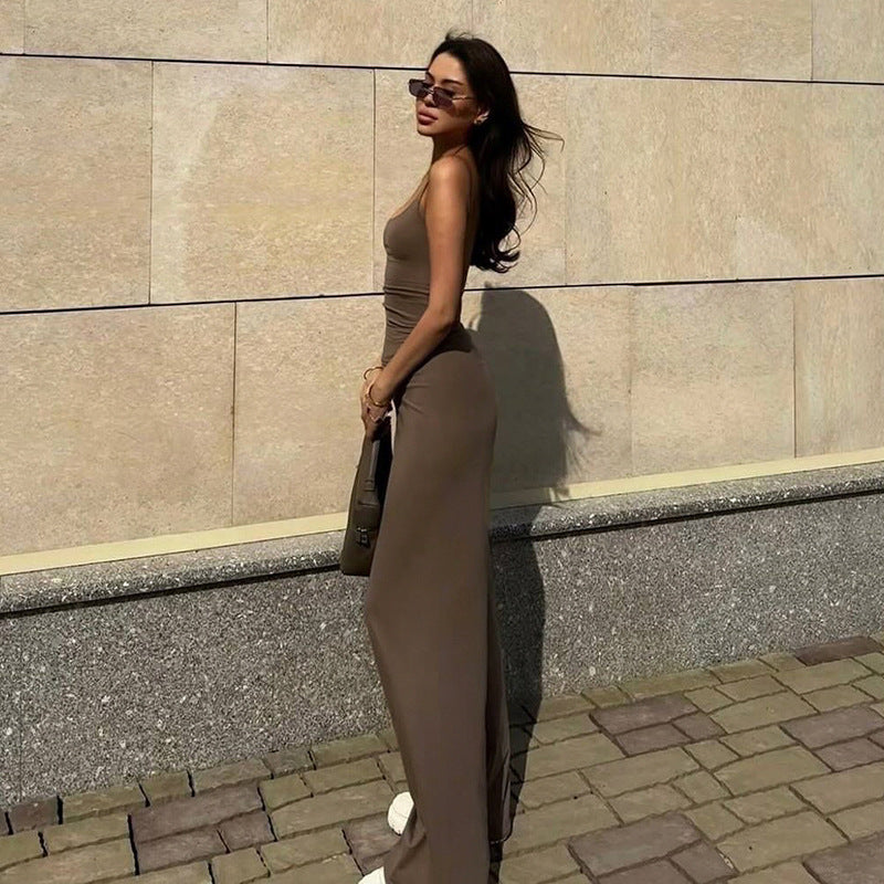 Summer Solid Color Casual Square Collar Vest Wide Leg Pants Sports Two-Piece Set