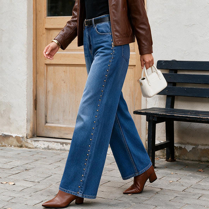 Women's Rivet Wide-Leg High-Waist Jeans