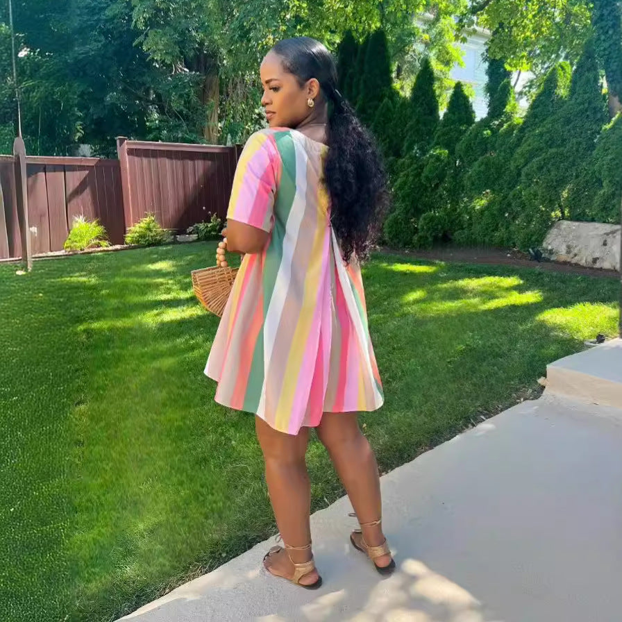 Stripes Stitching Pocket Short Sleeve Dress