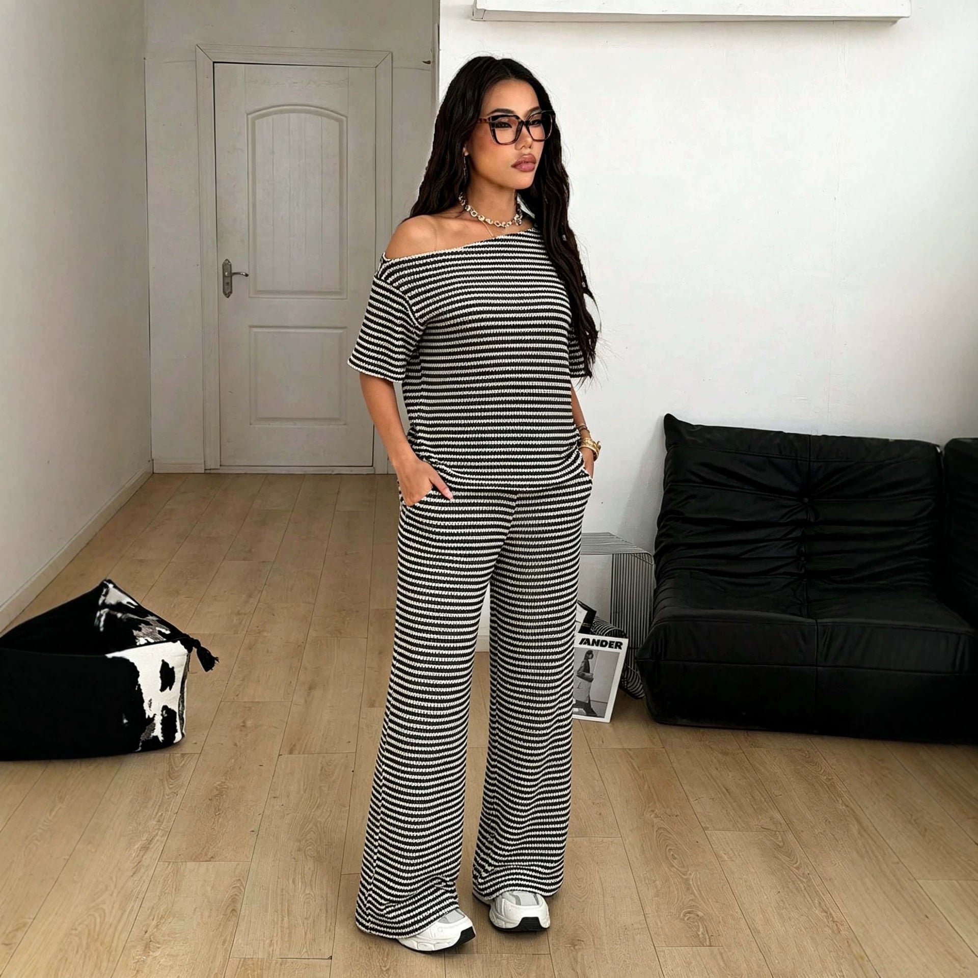 Black White Striped Sloping Shoulder off the Shoulder Short