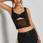 Women's Mesh Lace Stitching Bow Women Vest Sexy Hollow Out Cutout Backless Short Strap Top