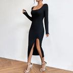Women's European French Dress Autumn Winter Elegant Elegant Square Collar Midi Dress Women