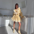 's Plaid Dress Ace V Neck Patchwork Bell Sleeve Elastic Waist A Line Dress