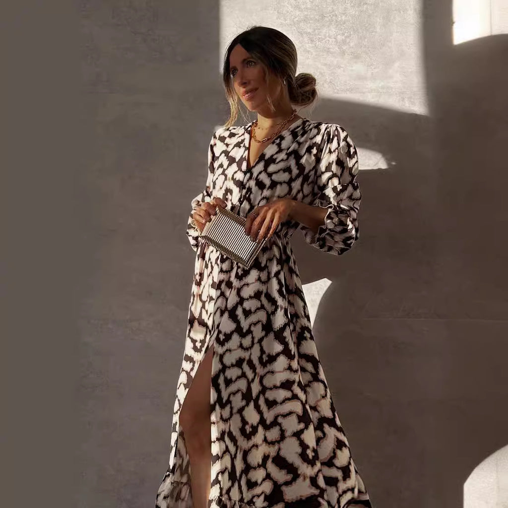 Women's Ruffle-Trim Animal-Print V-Neck Lantern-Sleeve Dress