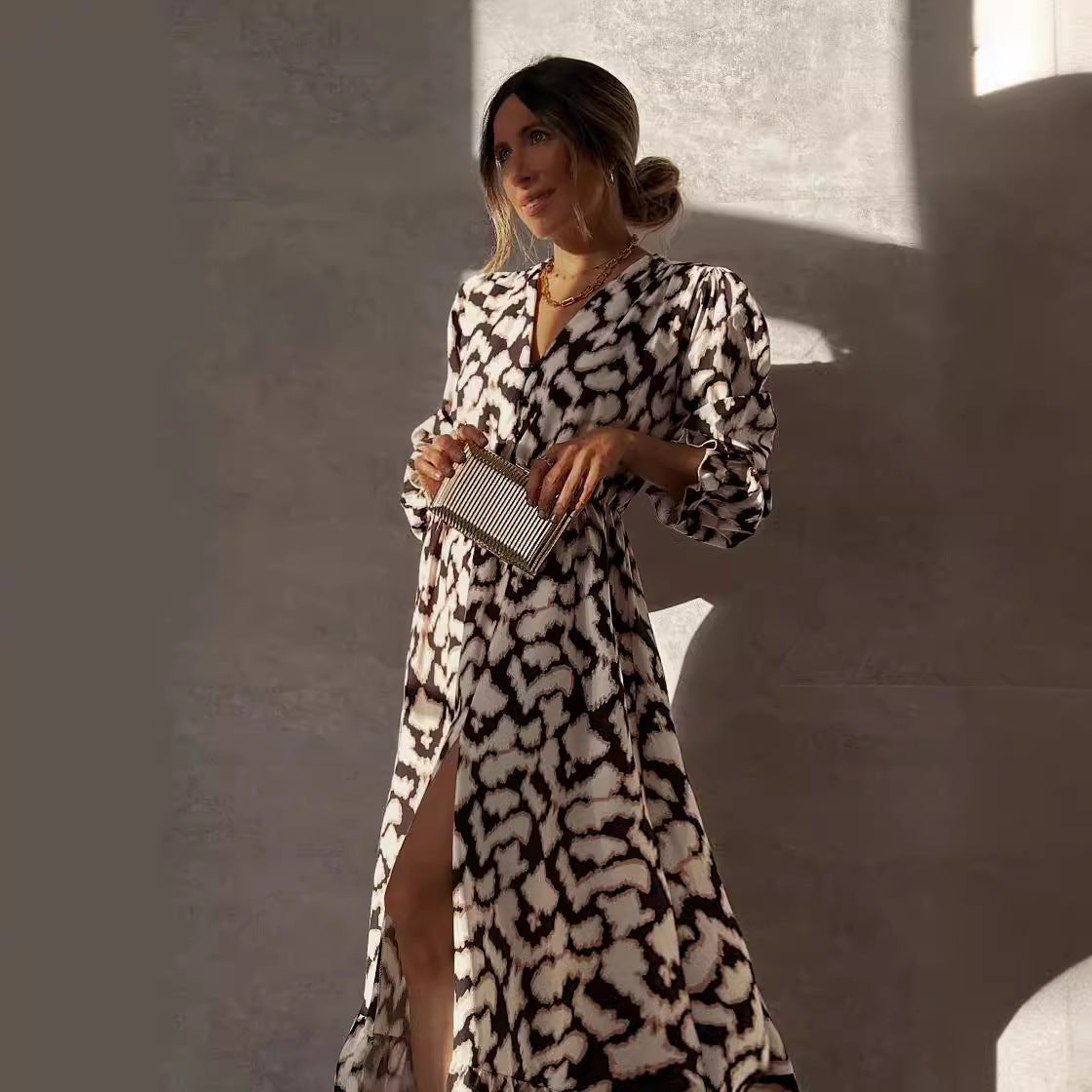 Women's Ruffle-Trim Animal-Print V-Neck Lantern-Sleeve Dress