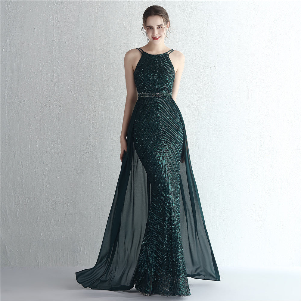 Women's Floral Sequin Chiffon Dress Beaded Halter Elegant Cocktail Long
