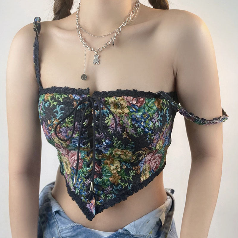 Women's Floral Lace-Up Embroidered Tube Top