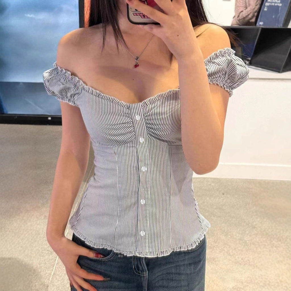 Women's Puff Sleeve Shirt Bm Breasted Cinched Bodycon Short Sleeve