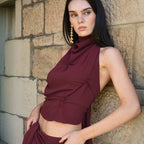 Solid Color Halter Lace-Up Bare Back Short Top