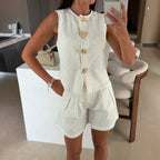Summer Loose Sleeveless Denim Shorts Set Casual High Waist Two Piece Set