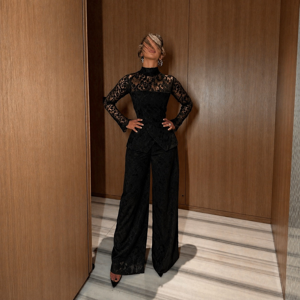 Spring Summer French Sexy Lace Patchwork Turtleneck Long