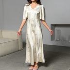 Ivory satin maxi dress, short flutter sleeves, V-neck, allover blue floral print