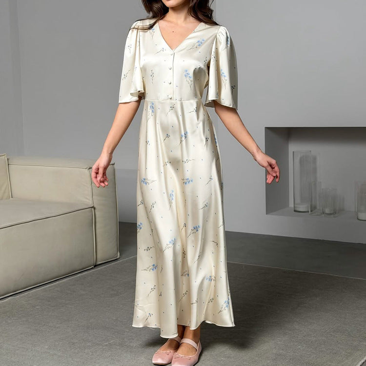Ivory satin maxi dress, short flutter sleeves, V-neck, allover blue floral print