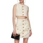 Women's Star Lion Buckle Tweed Vest and Skirt Two-Piece Set