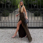 Women's Halter Mesh Backless Ruched Split Maxi Dress