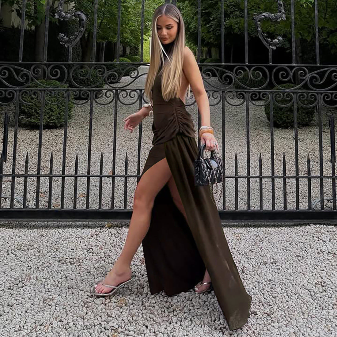 Women's Halter Mesh Backless Ruched Split Maxi Dress