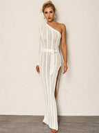 One-Shoulder Belted Split Jersey Bodycon Maxi Dress