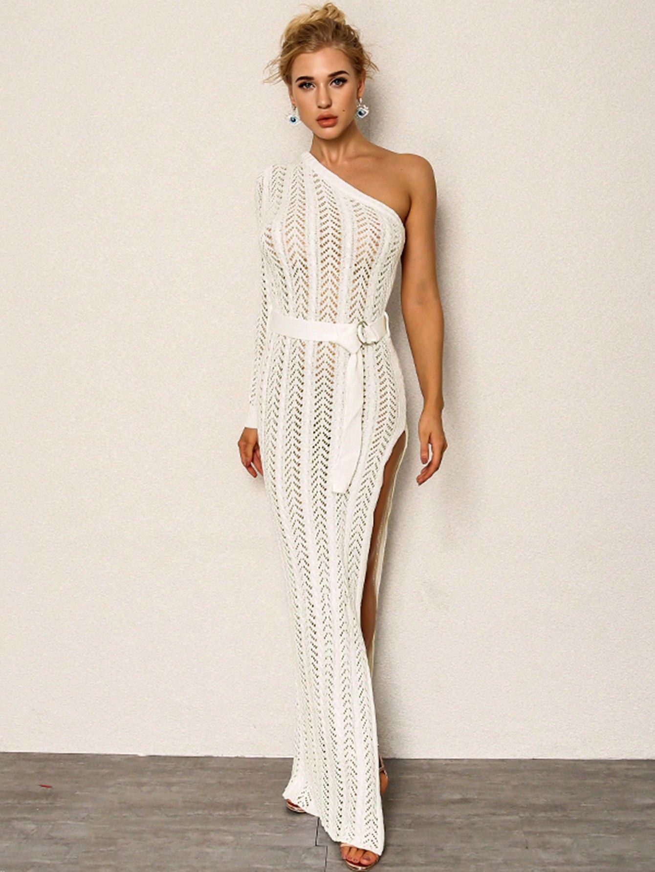 One-Shoulder Belted Split Jersey Bodycon Maxi Dress